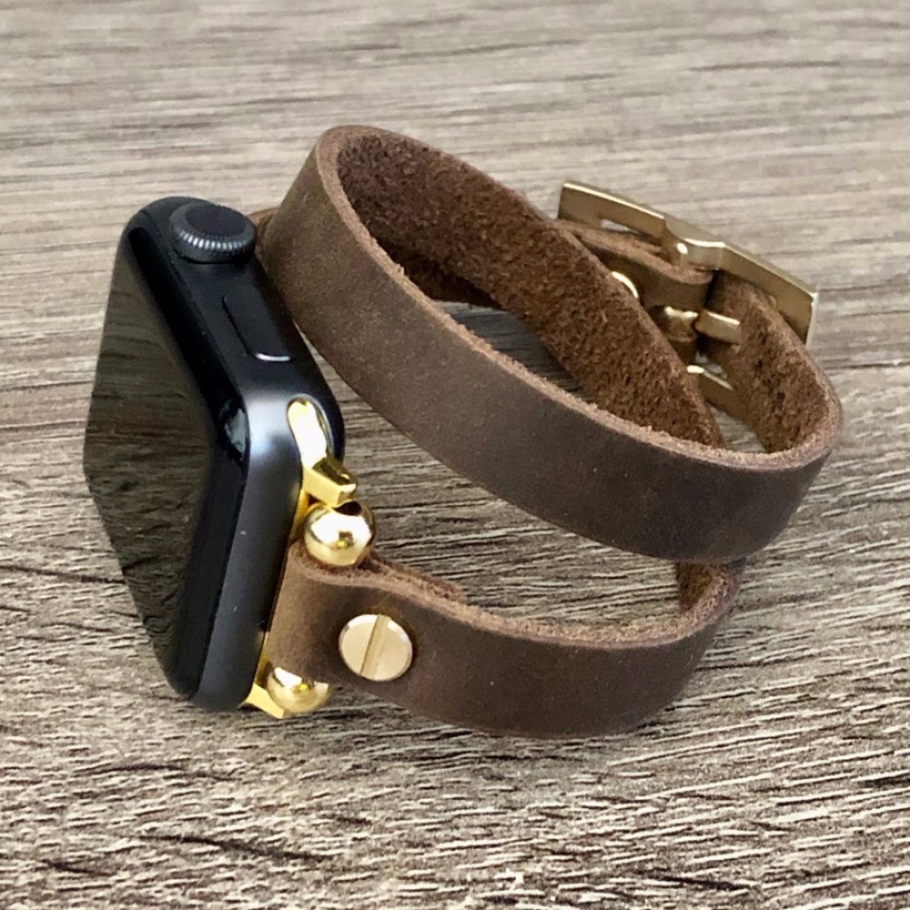 Gold Apple Watch Vintage Brown Leather Bracelet